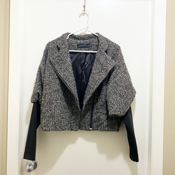 Zara Batwing Convertible Tweed Jacket Mandarin Collar or Lapels Grey Black M - Picture 2 of 16